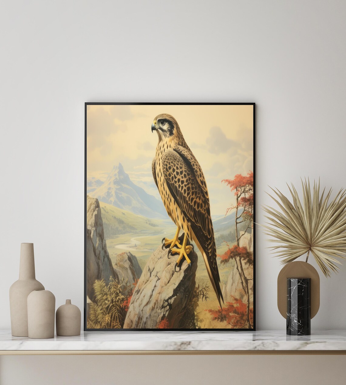 Saker Falcon on an Autumn Cliff Overlooking a Valley Bird Poster - Image 3