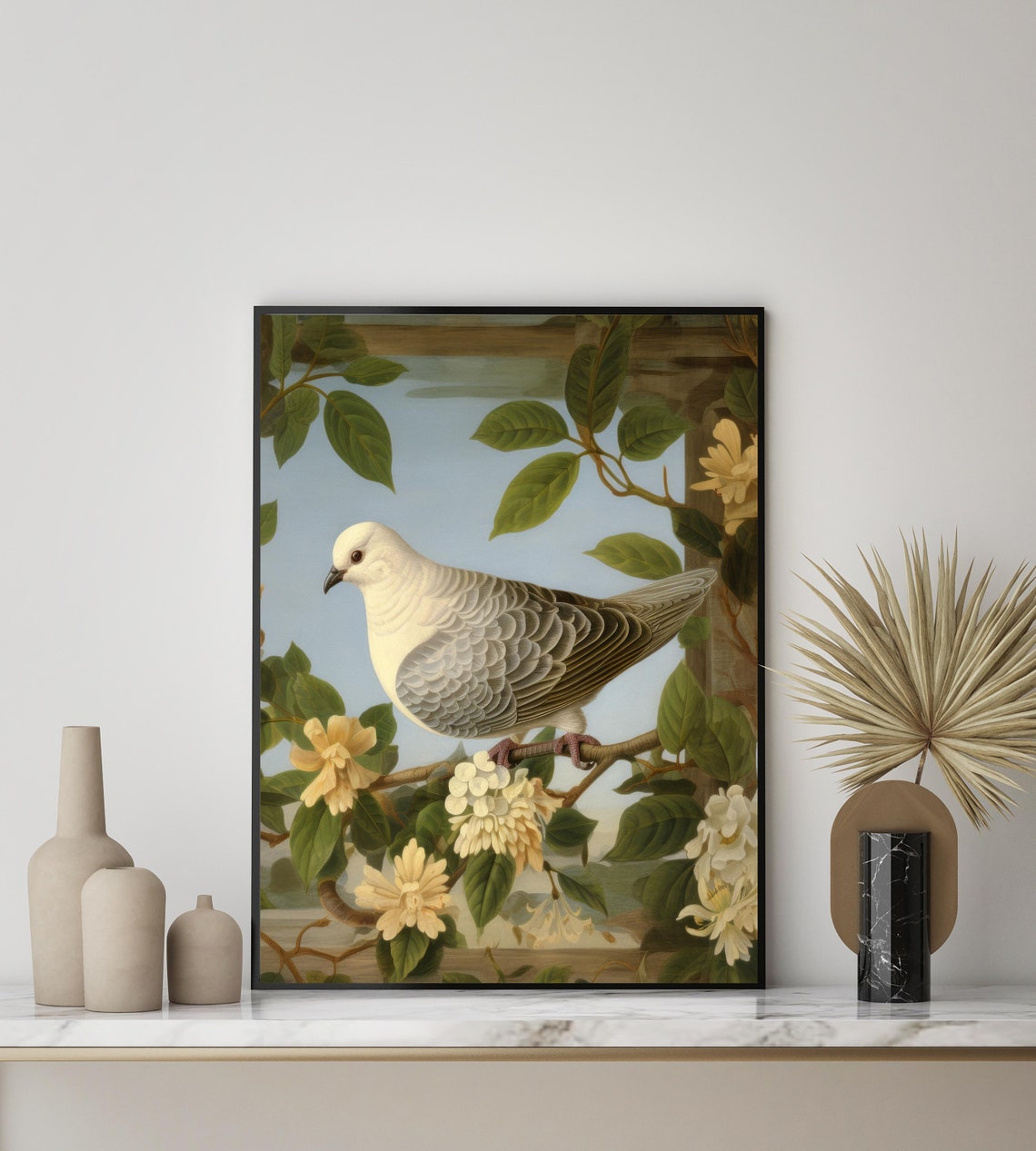 White Dove Blossoming Branch Vintage Bird Illustration Poster - Image 2