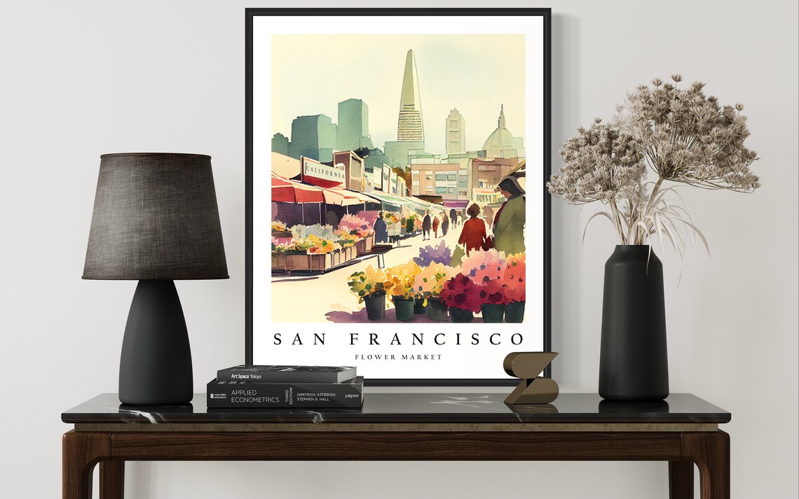 San Francisco Flower Market Watercolor Skyline Botanical Art Poster - Image 2