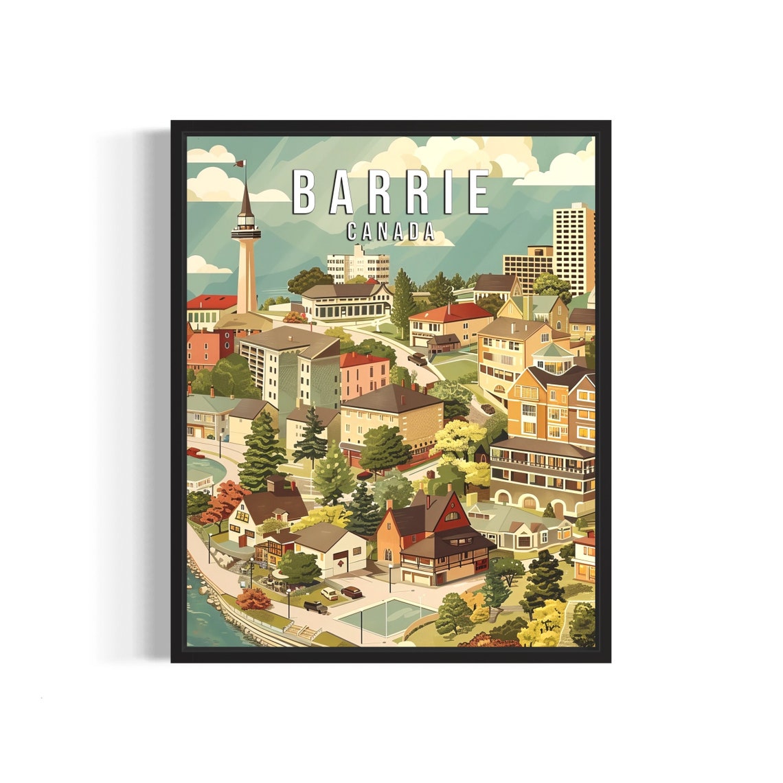 Barrie Canada Hillside Neighborhoods with Tower Retro Travel Poster