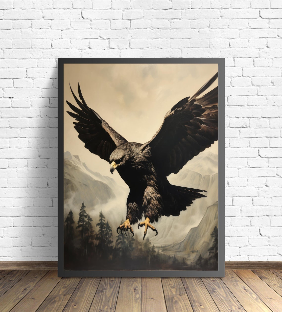 Black Eagle Soaring with Talons Over Misty Mountains Bird Poster - Image 2
