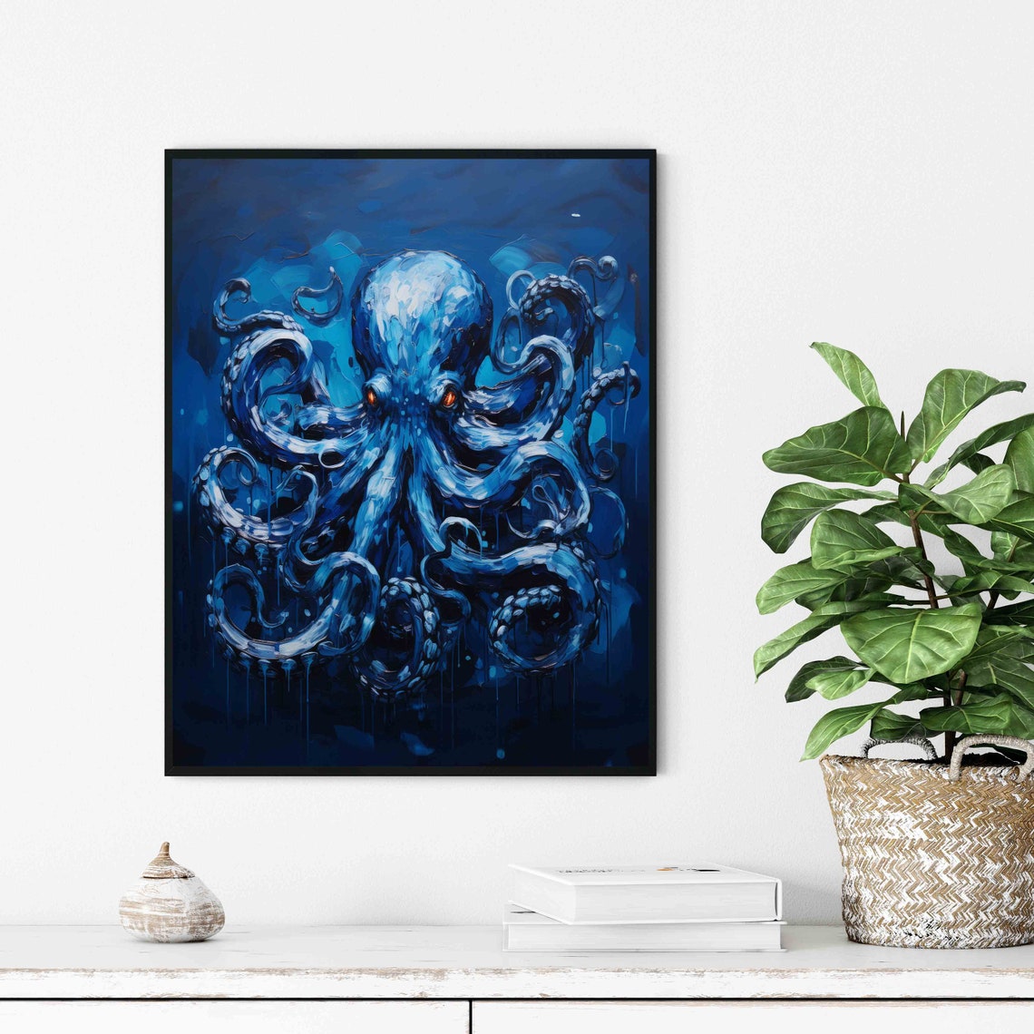 Deep Blue Octopus With Red Eyes Underwater Oil Paint Art Poster - Image 3