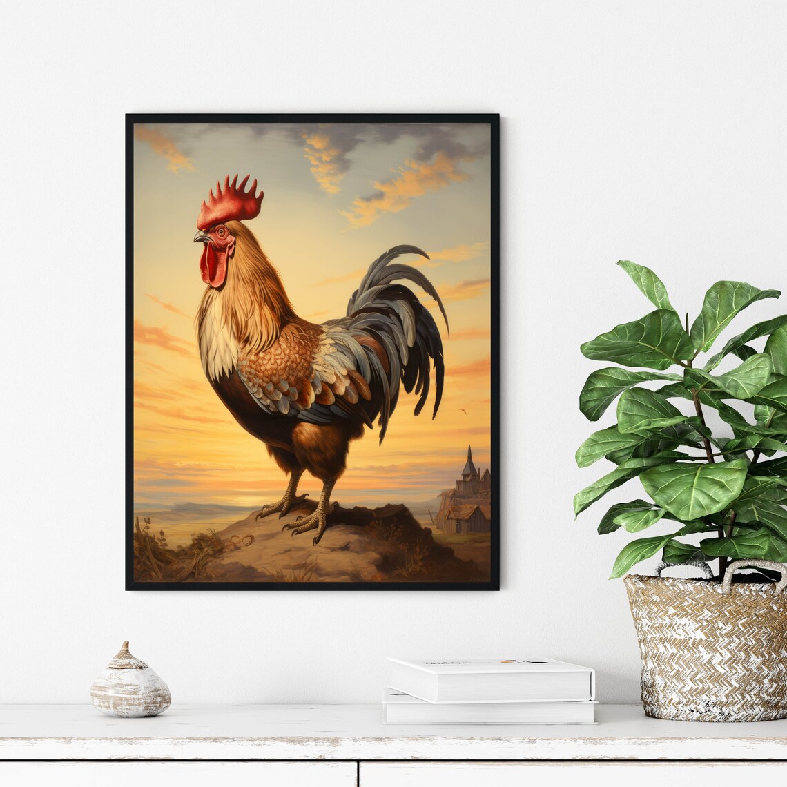 Golden Leghorn Rooster Crowing At Sunset Over The Valley Poster - Image 3