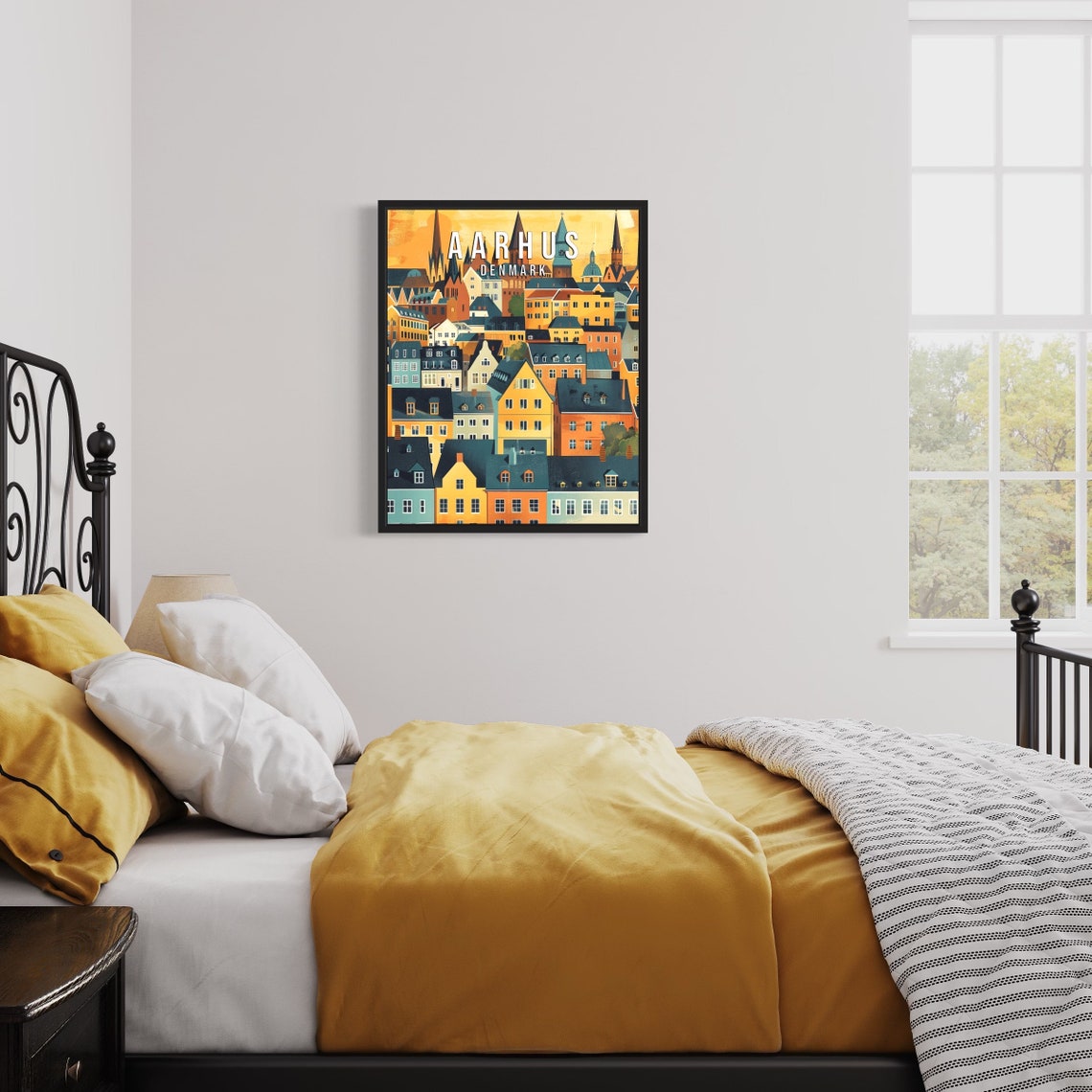 Aarhus Denmark Golden Sunset Rooftops City Spires Retro Travel Poster - Image 3