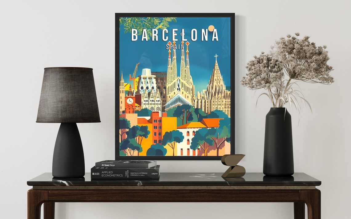 Barcelona Spain Retro City Travel Poster Sagrada Familia View - Image 2