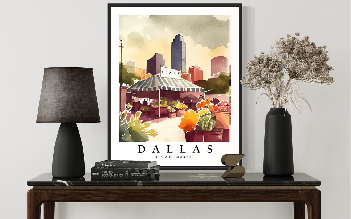 Dallas Texas Flower Market Watercolor Downtown Skyline Poster - Image 2