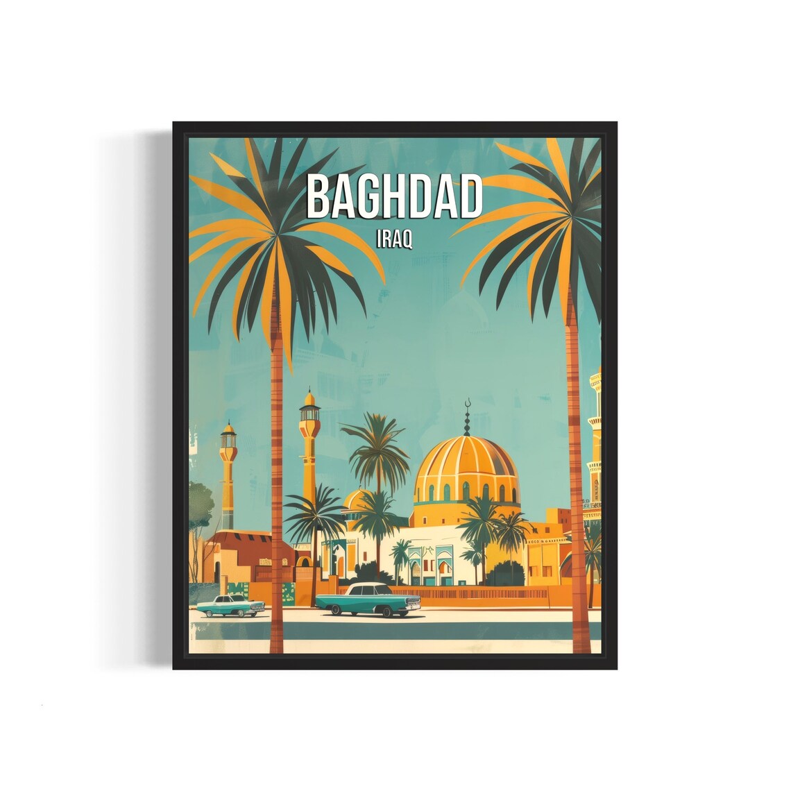 Baghdad Iraq Retro Palm Trees Minarets Poster Middle East Travel Art
