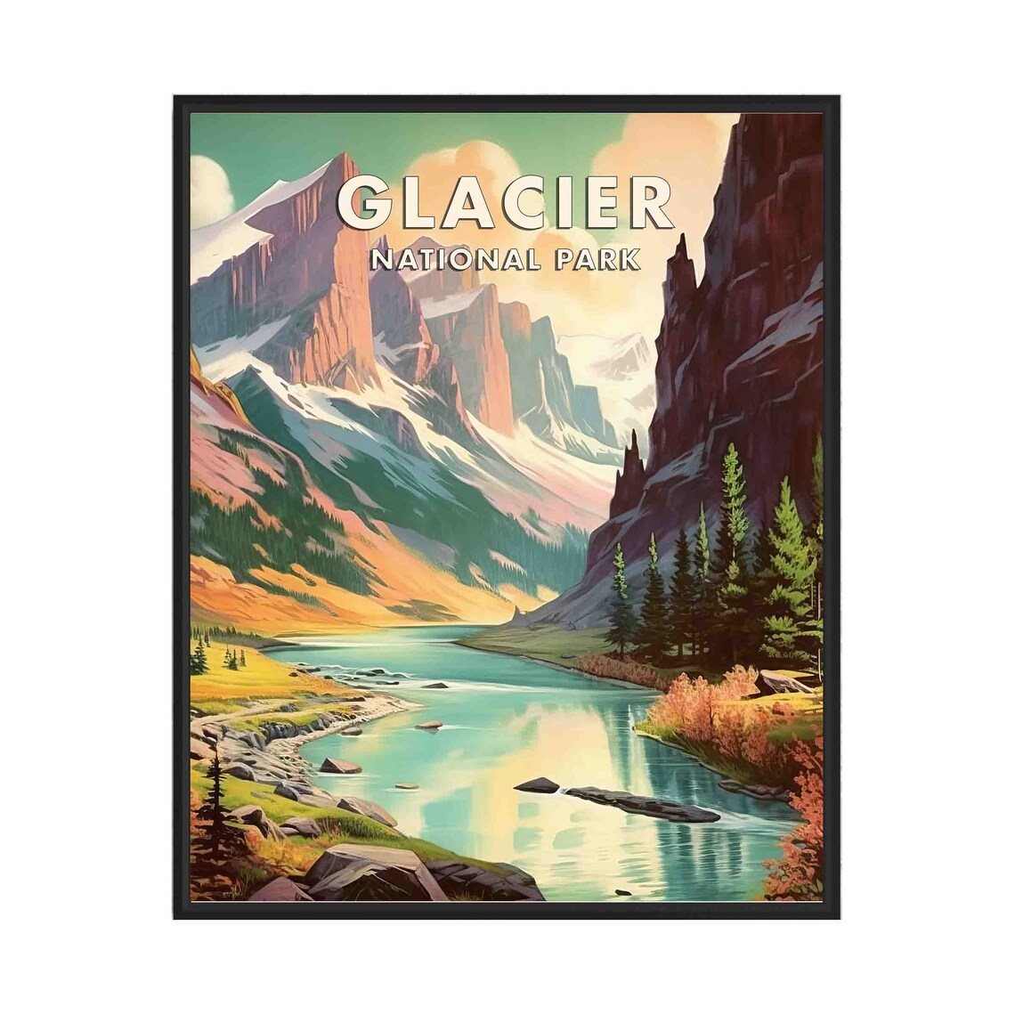 Glacier National Park Alpine Lake Valley Retro Travel Poster