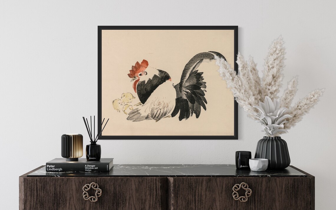Japanese Ink Wash Rooster Sheltering Chicks Vintage Art Poster - Image 2