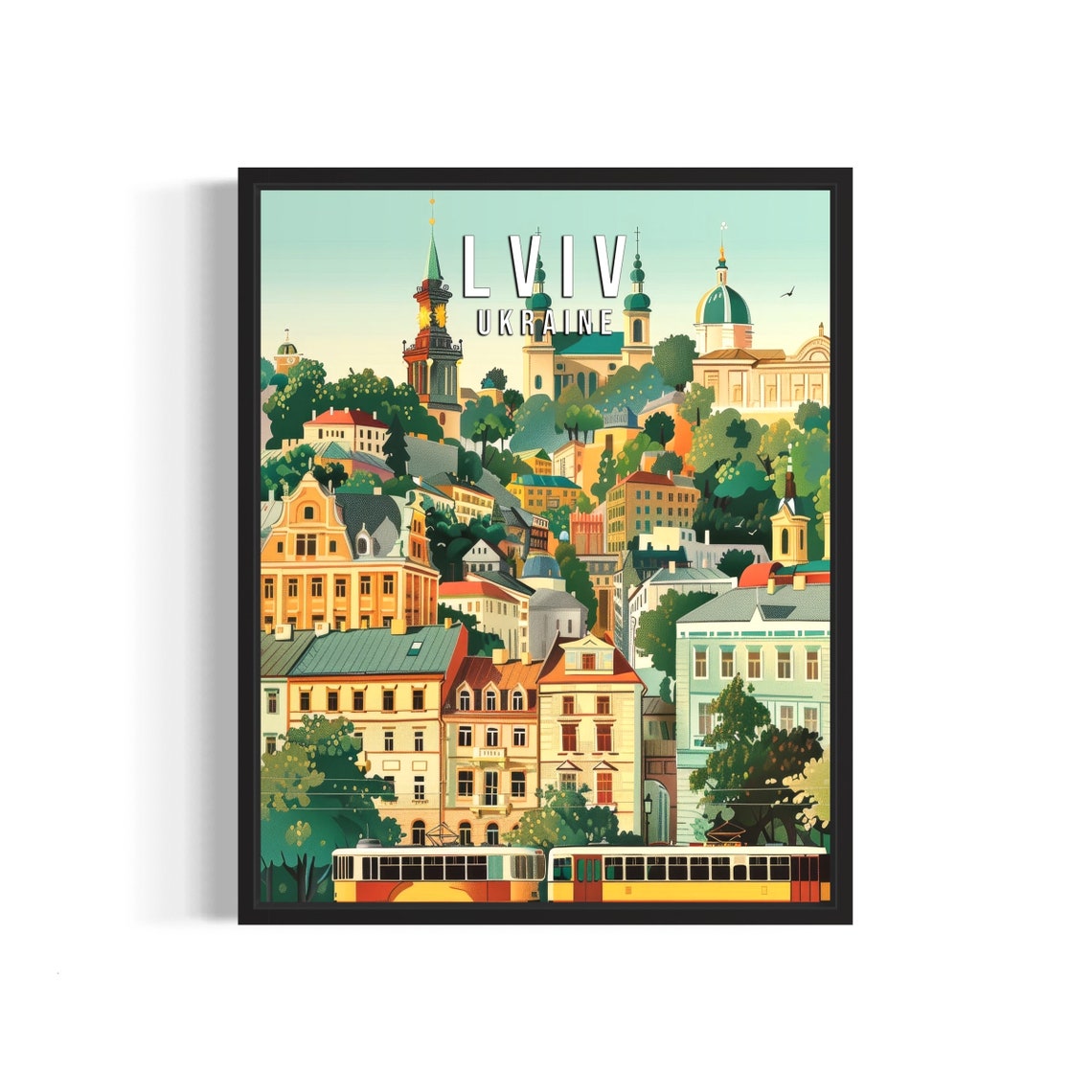 Lviv Ukraine Historic Old Town Trams Churches Vintage Travel Poster