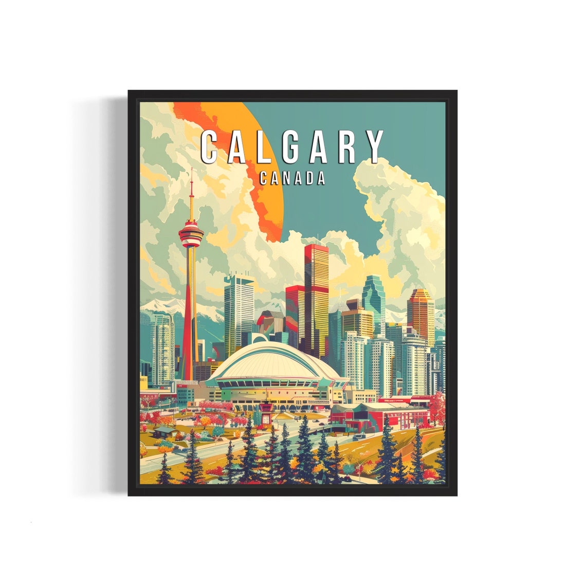 Calgary Canada Downtown Skyline at Sunrise Retro Travel Poster