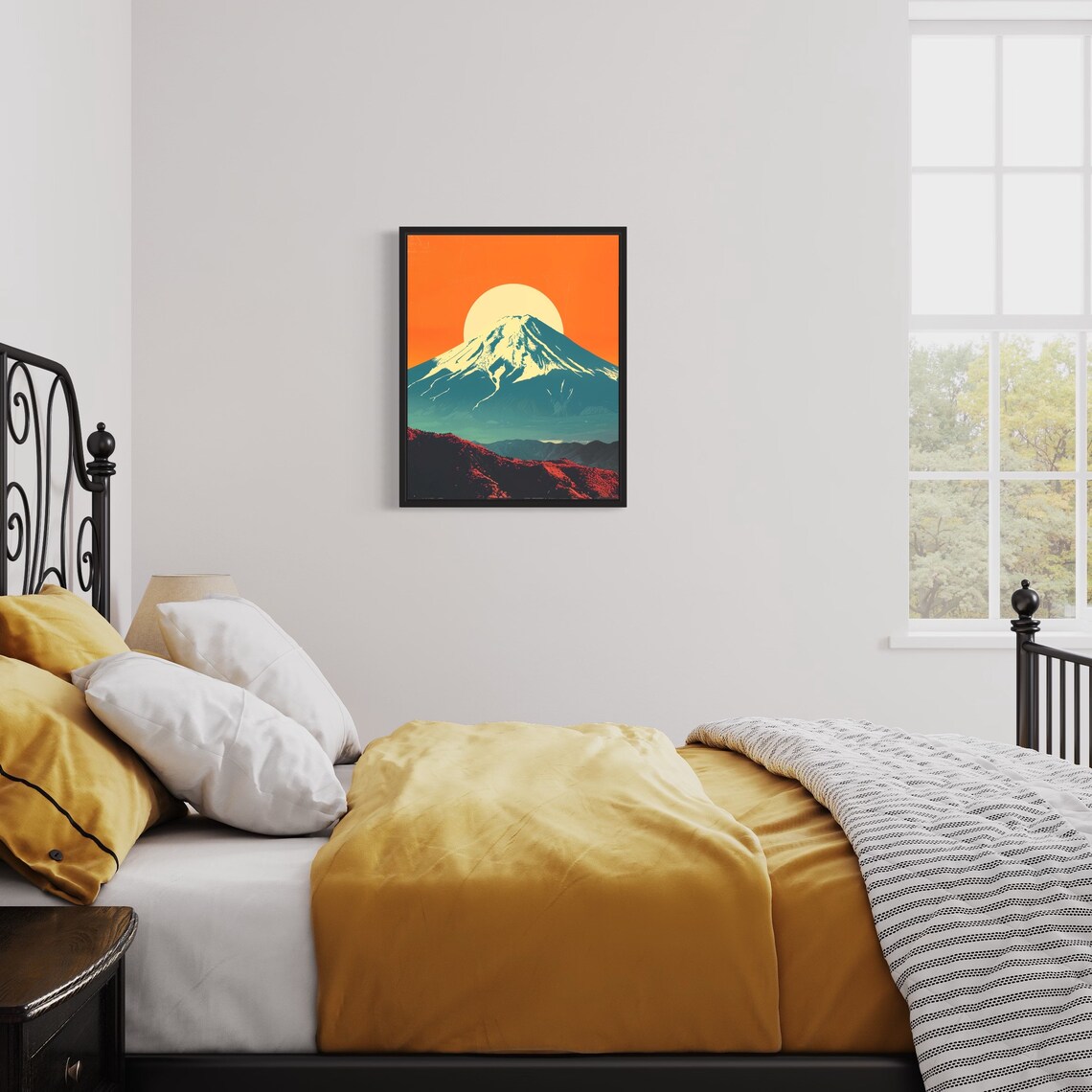 Mount Fuji Snow Capped Peak Bold Orange Sun Modern Japanese Poster - Image 2