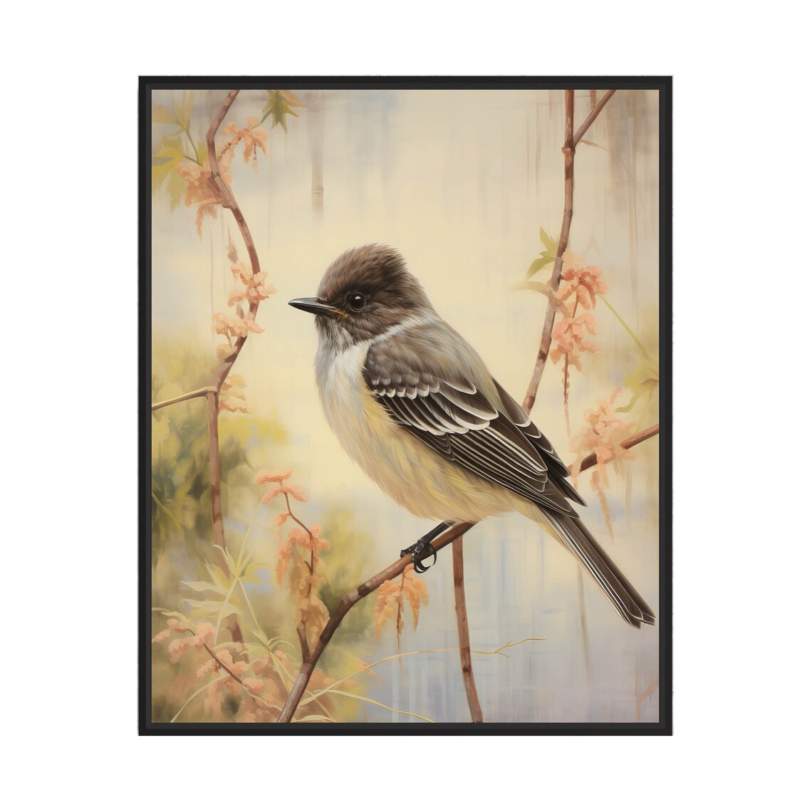 Small Gray Songbird on a Flowering Branch Soft Bird Art Poster