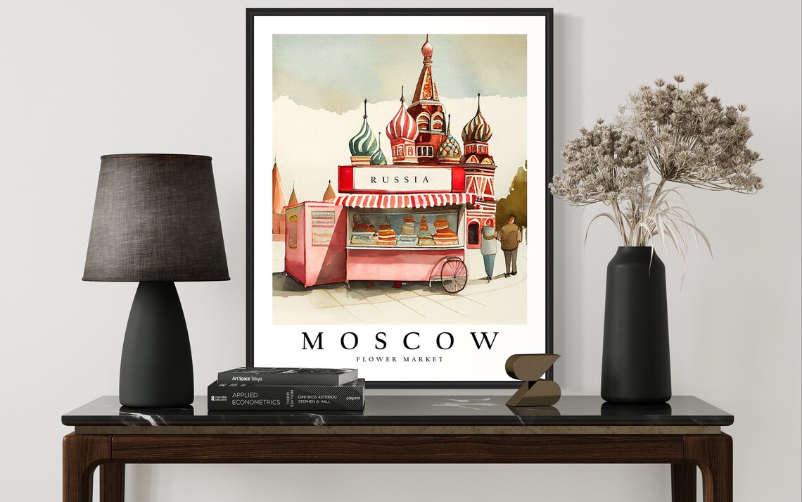 Moscow Flower Market Stall St Basils Cathedral Watercolor Poster - Image 2