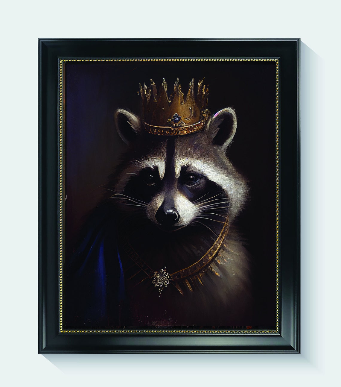 Royal Raccoon Wearing a Golden Crown in a Dark Gothic Portrait Poster