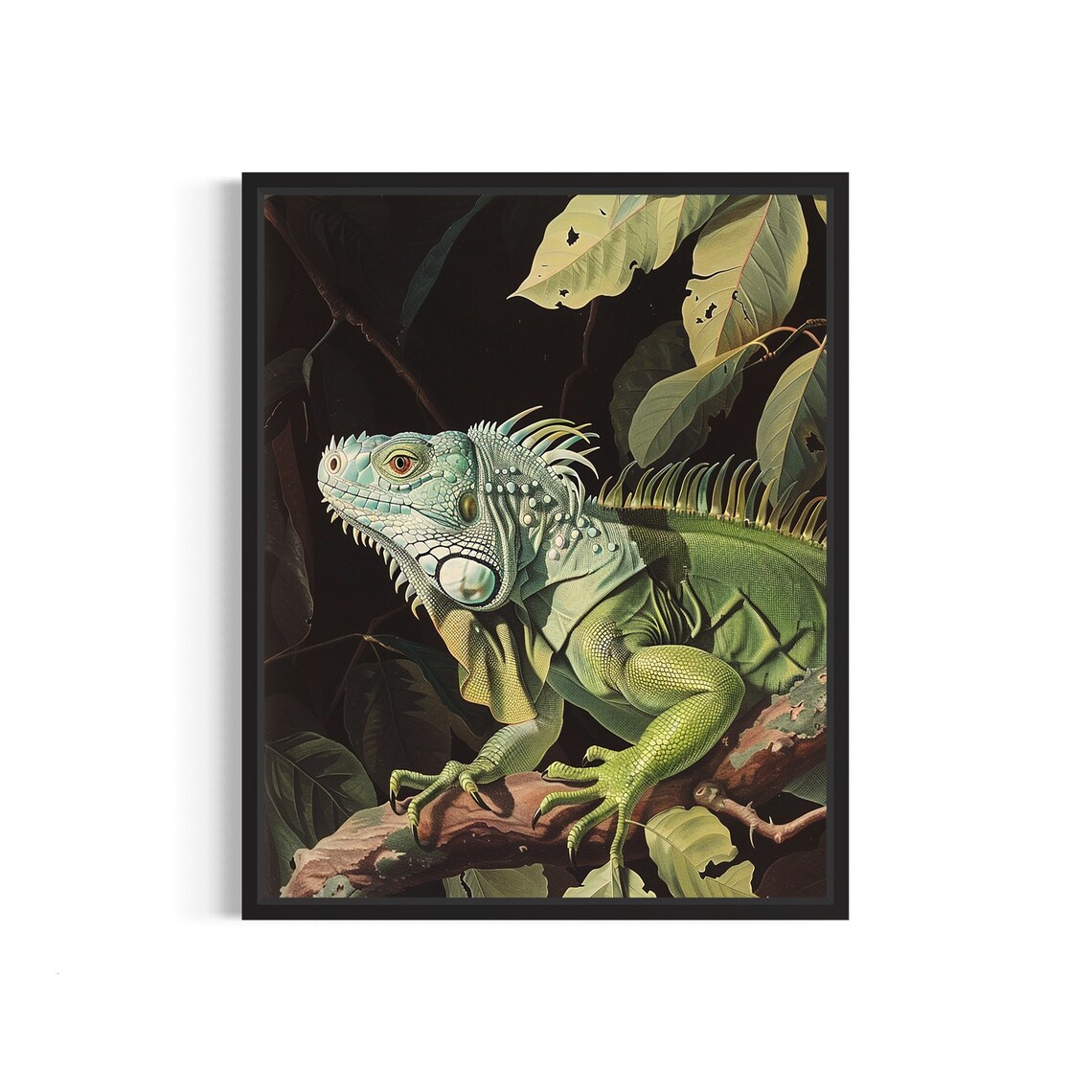 Green Iguana Tropical Lizard Vintage Wildlife Painting Wall Art