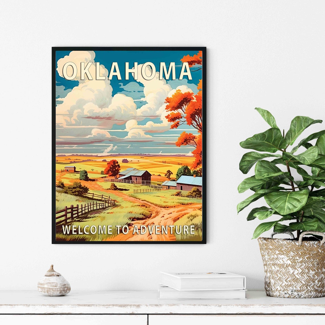 Oklahoma Countryside Farm Fields Under Big Clouds Retro Travel Poster - Image 3