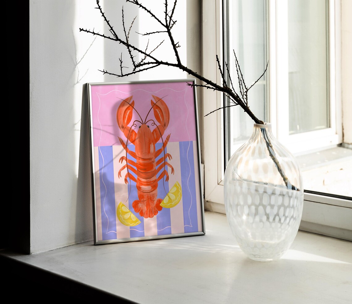 Red Lobster With Lemon Wedges Pink Striped Coastal Art Poster - Image 2
