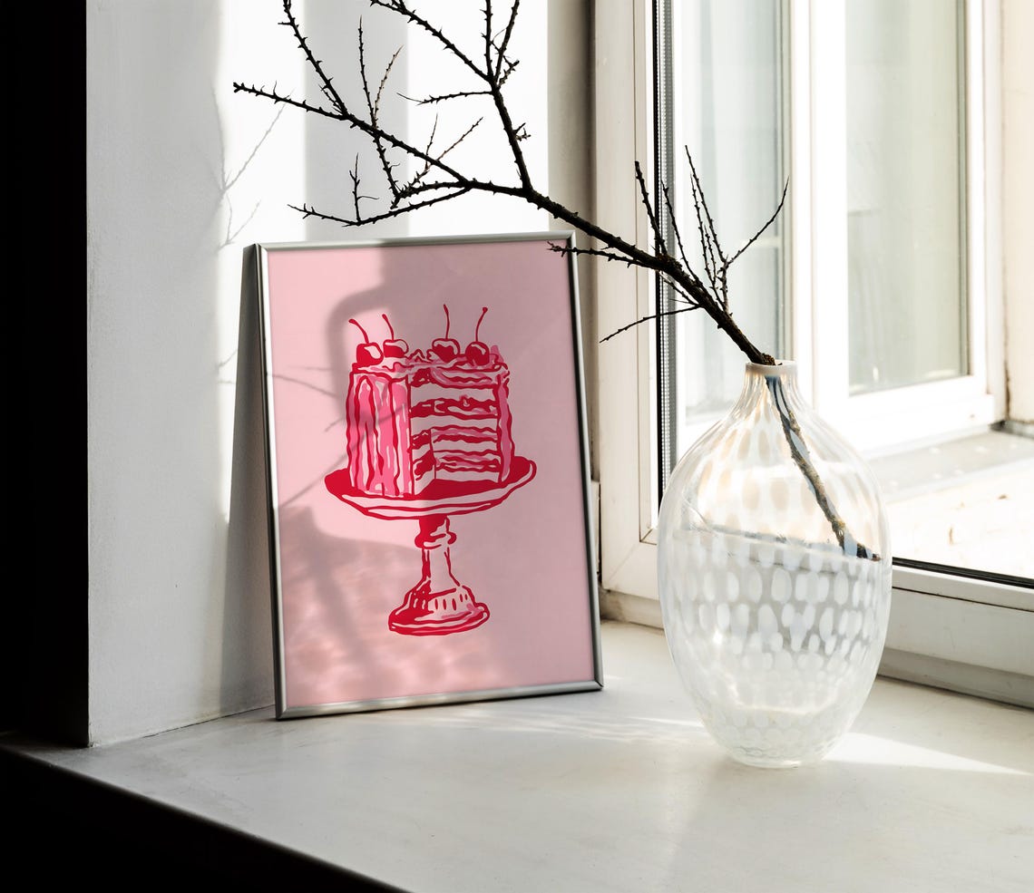 Pink Layer Cake With Cherries On Stand Bakery Dessert Art Poster - Image 2