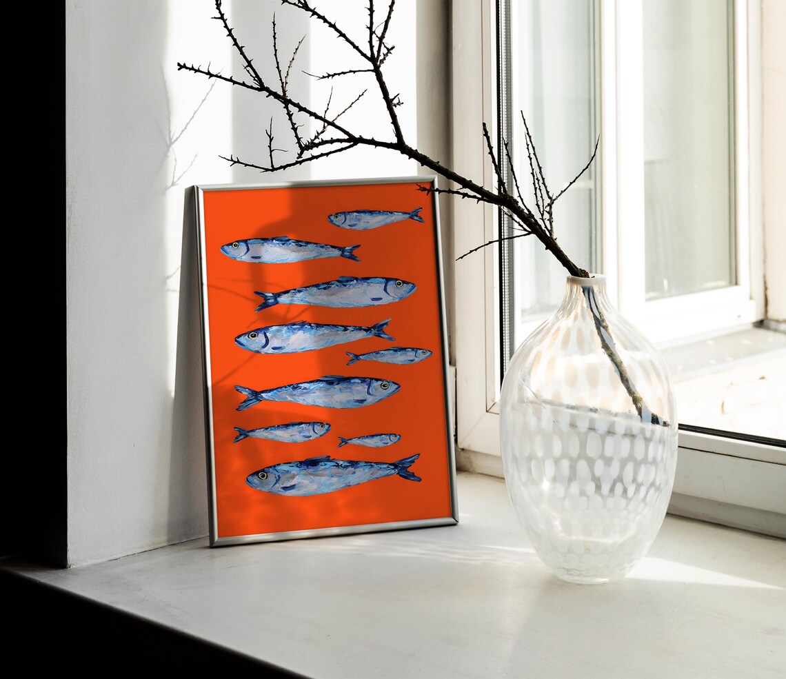 Painted Sardines School Vivid Orange Coastal Kitchen Art Poster - Image 2