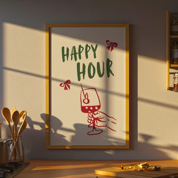 Happy Hour Print Typographic Poster Trendy Kitchen Artwork Bar Cart Art Drinks Wall Decor Gift