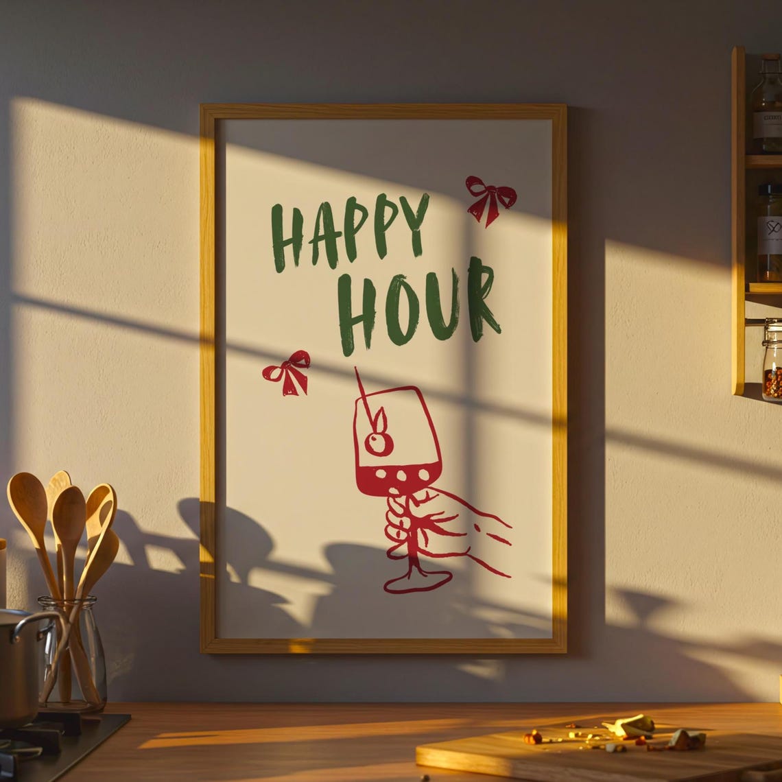 Happy Hour Cocktail Hand Lettered Green Kitchen Bar Cart Poster