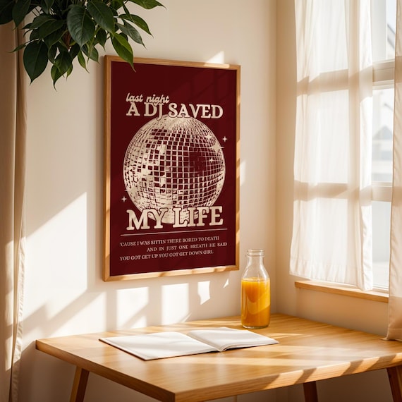 Last Night a DJ Saved My Life Burgundy Disco Ball Lyric Poster