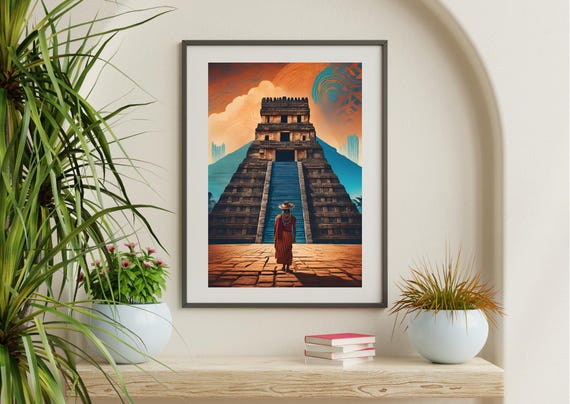 Mayan Pyramid Wall Art Tribal Woman Boho Print