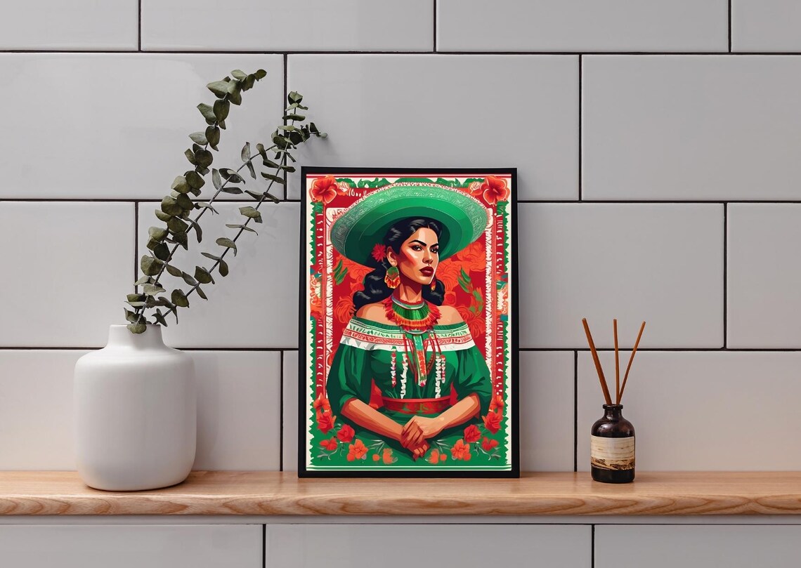 Mexican Woman In Green Sombrero And Embroidered Dress Art Poster