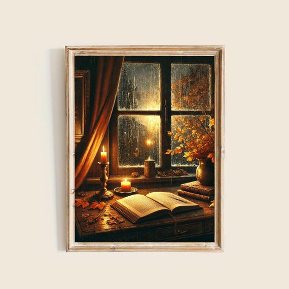 Cozy Fall Wall Art Print Dark Academia Rainy Day With Books Candles Moody Autumn Decor Seasonal