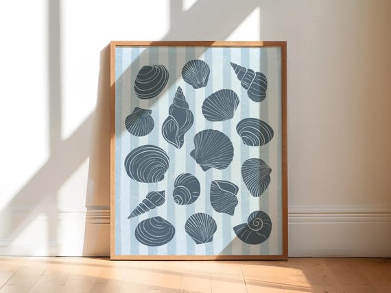 Blue Seashell Art Print, Coastal Beachy Decor