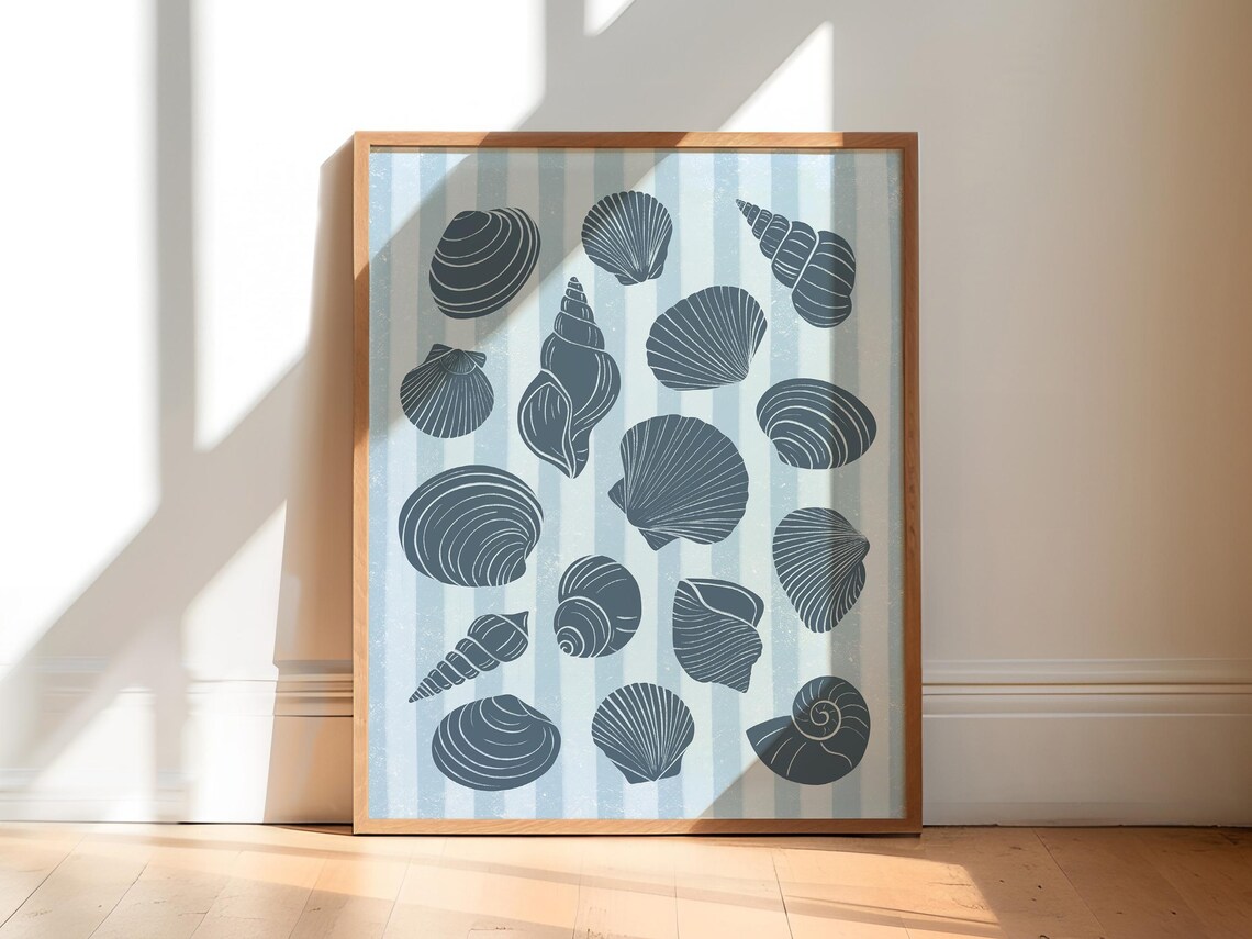 Blue Seashell Art Print, Coastal Beachy Decor