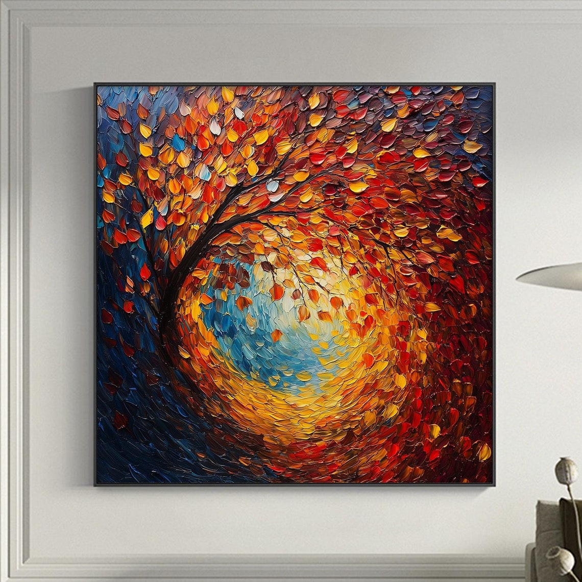 Swirling Autumn Tree Spiral of Red Orange Leaves on Blue Wall Art