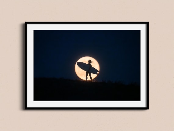 Surfer Silhouette Full Moon Surfboard Night Minimalist Surf Poster