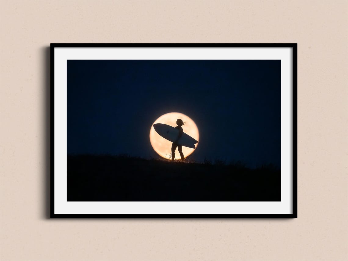 Surfer Silhouette Full Moon Surfboard Night Minimalist Surf Poster