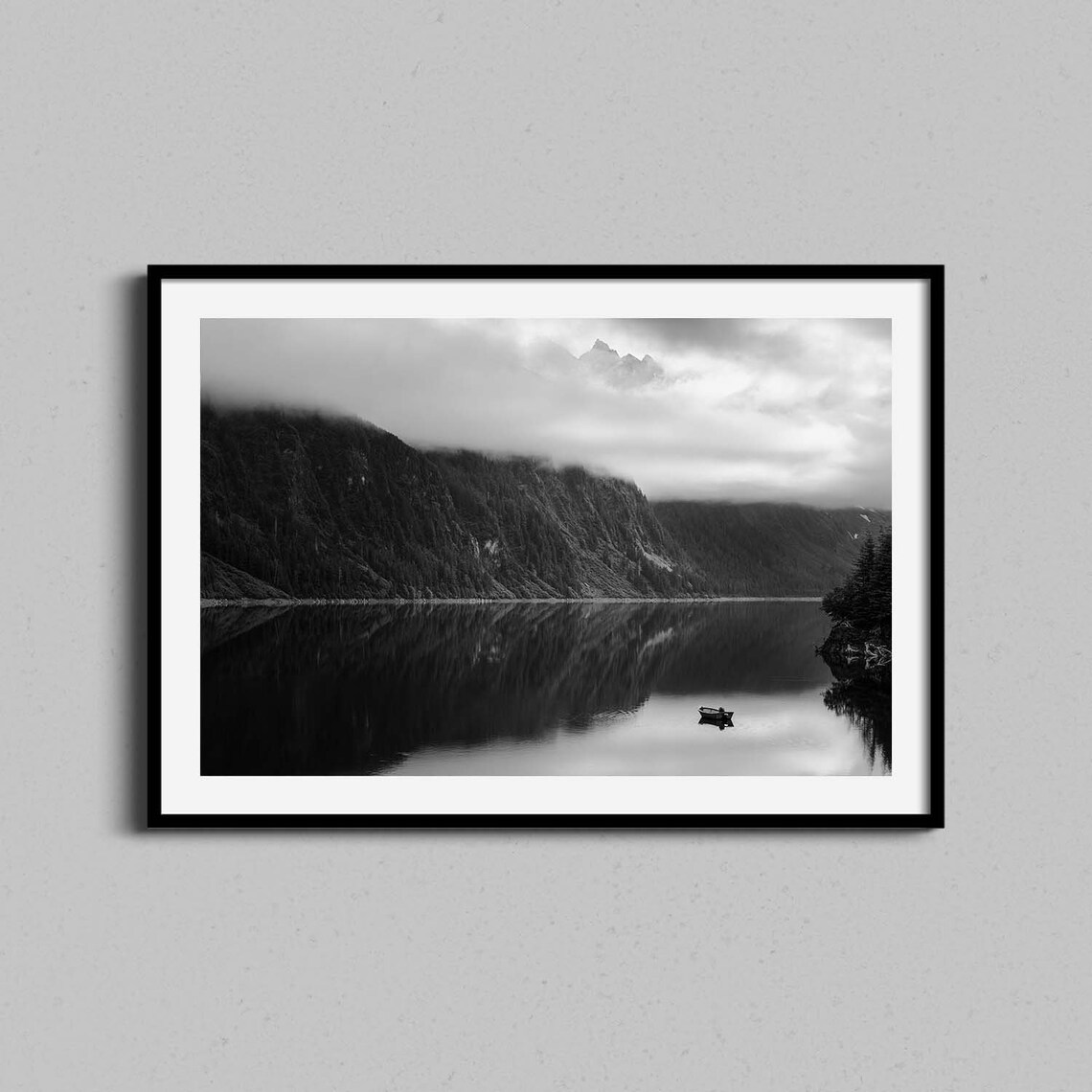 Alaska Black And White Misty Lake Lone Boat Mountain Fog Poster