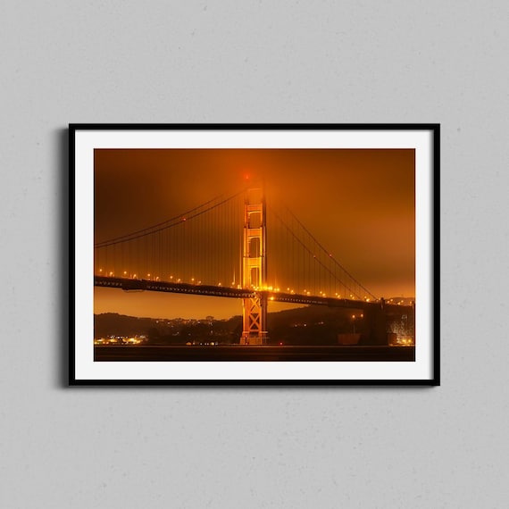 Golden Gate Bridge Night Fog Orange Glow Cityscape Photo Print