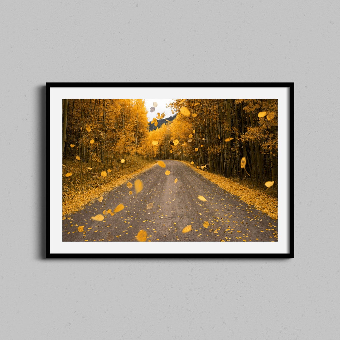 Golden Aspen Road Falling Leaves Autumn Photography Art Poster