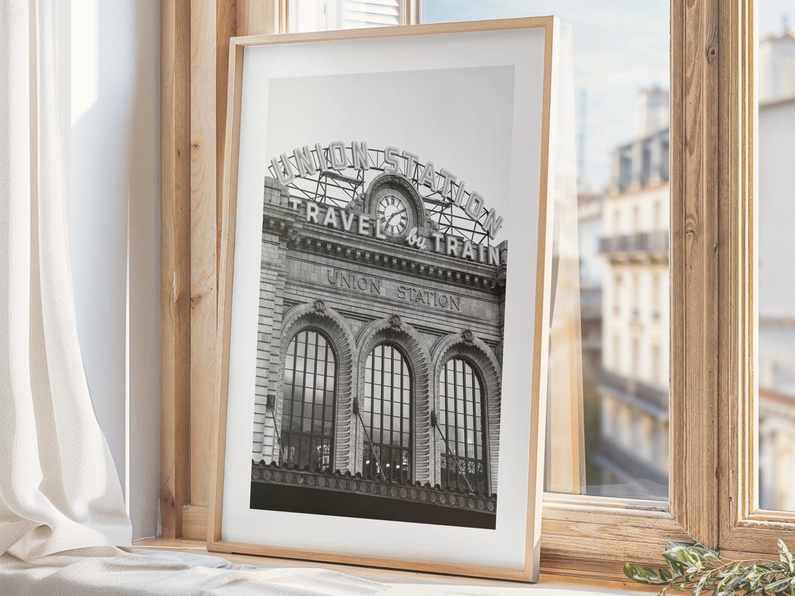 Denver Union Station Travel by Train Black White Photography Poster