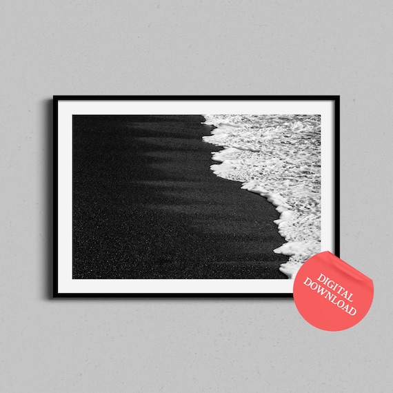 Black and White Ocean Wave Foam on Black Sand Beach Photography Print