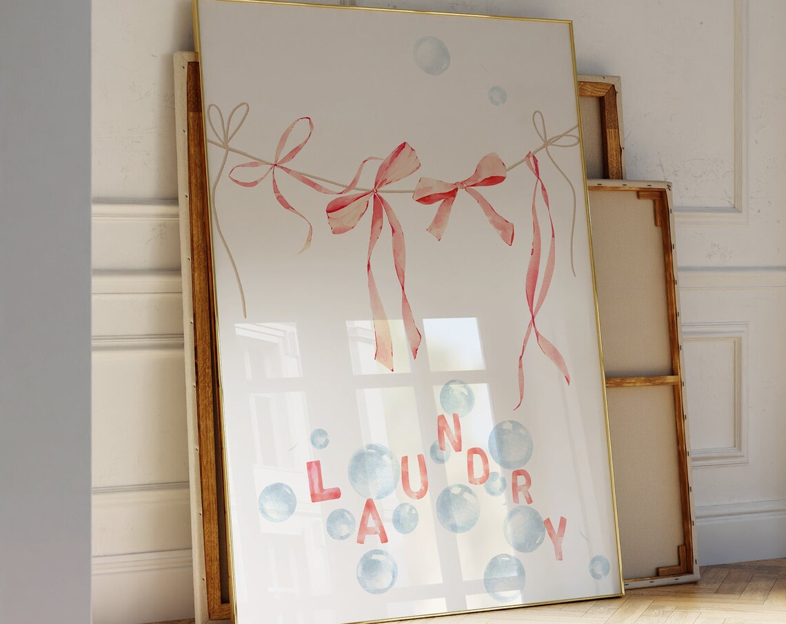 Laundry Room Watercolor Poster Pink Bow Bubbles Cute Wall Decor