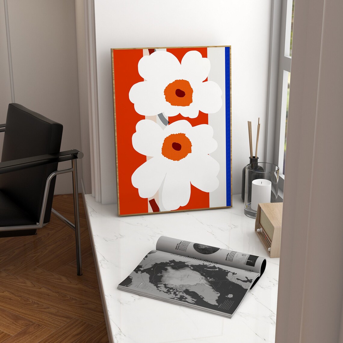 Retro White Daisy Pop Art Bold Red Floral Kitchen Decor Poster - Image 4