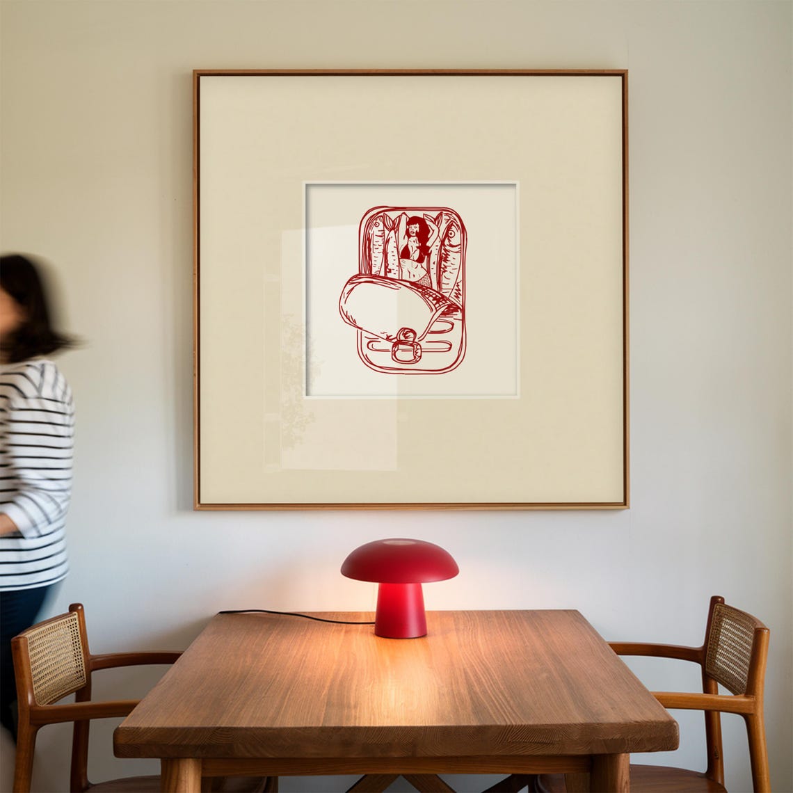 Mermaid Sardine Tin Red Line Drawing Kitchen Quirky Art Poster - Image 4