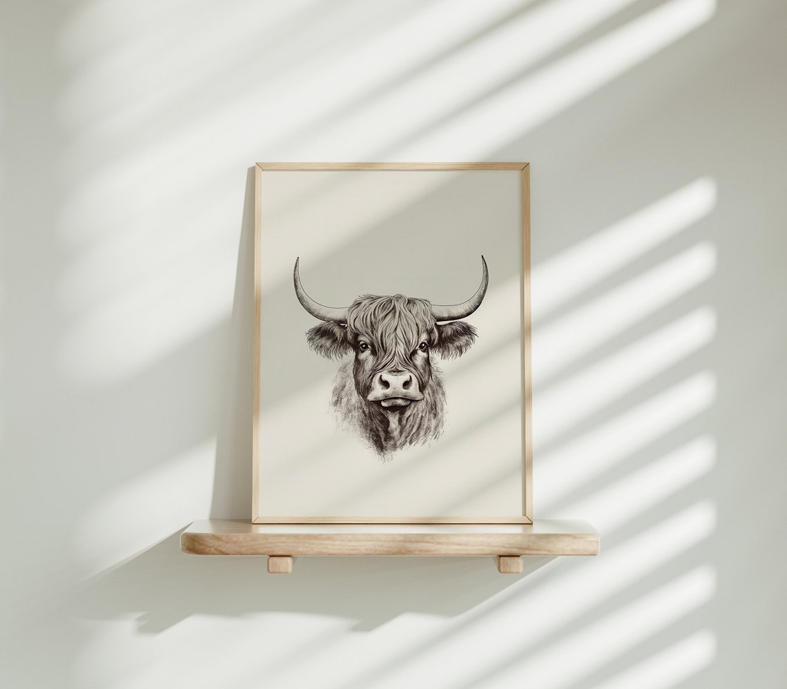 Highland Cow Wall Art Western Country Print Neutral Nursery Animal Cow Farmhouse Art Sketch Vintage Style Poster - Image 3