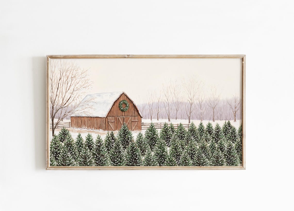 Christmas Tree Farm Red Barn Snowy Field Winter Painting Poster