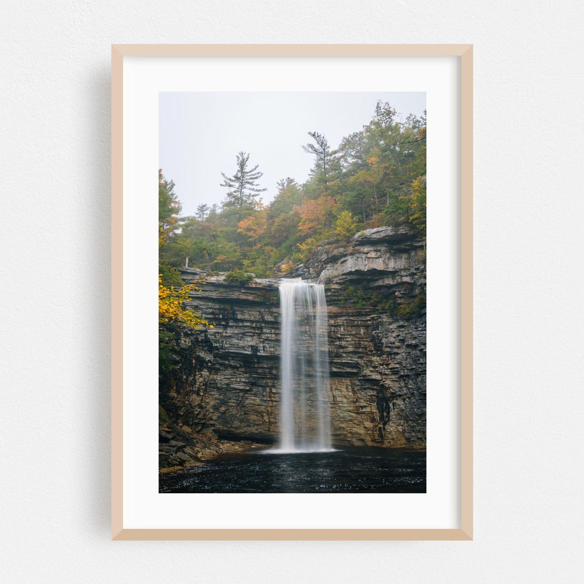 Autumn Waterfall Cascading Over Rocky Cliffs Scenic Landscape Poster
