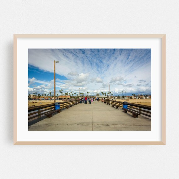 Sunny Beach Pier Overlook with Palm Trees Coastal Photo Poster