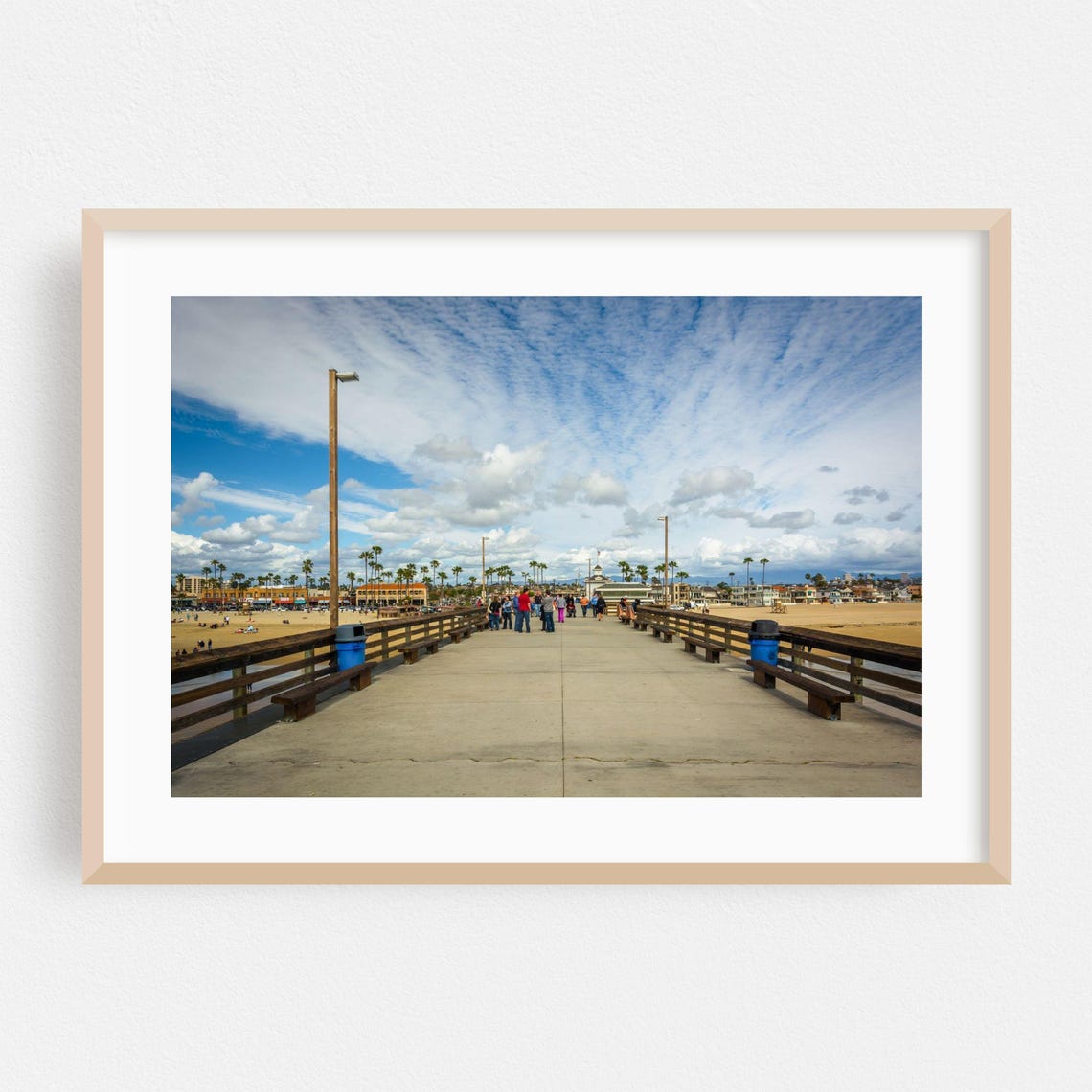 Sunny Beach Pier Overlook with Palm Trees Coastal Photo Poster