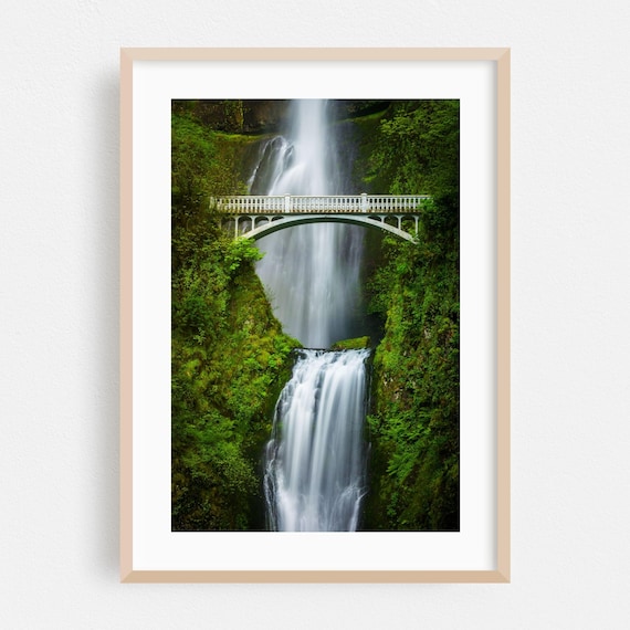 Oregon Multnomah Falls Waterfall Bridge Lush Forest Photo Poster