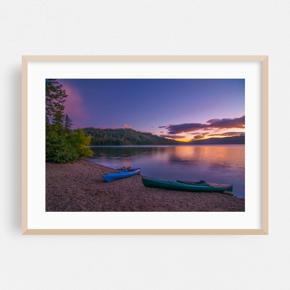 Lake Sunset Paddle Paradise Kayaks on Shore Purple Dusk Poster
